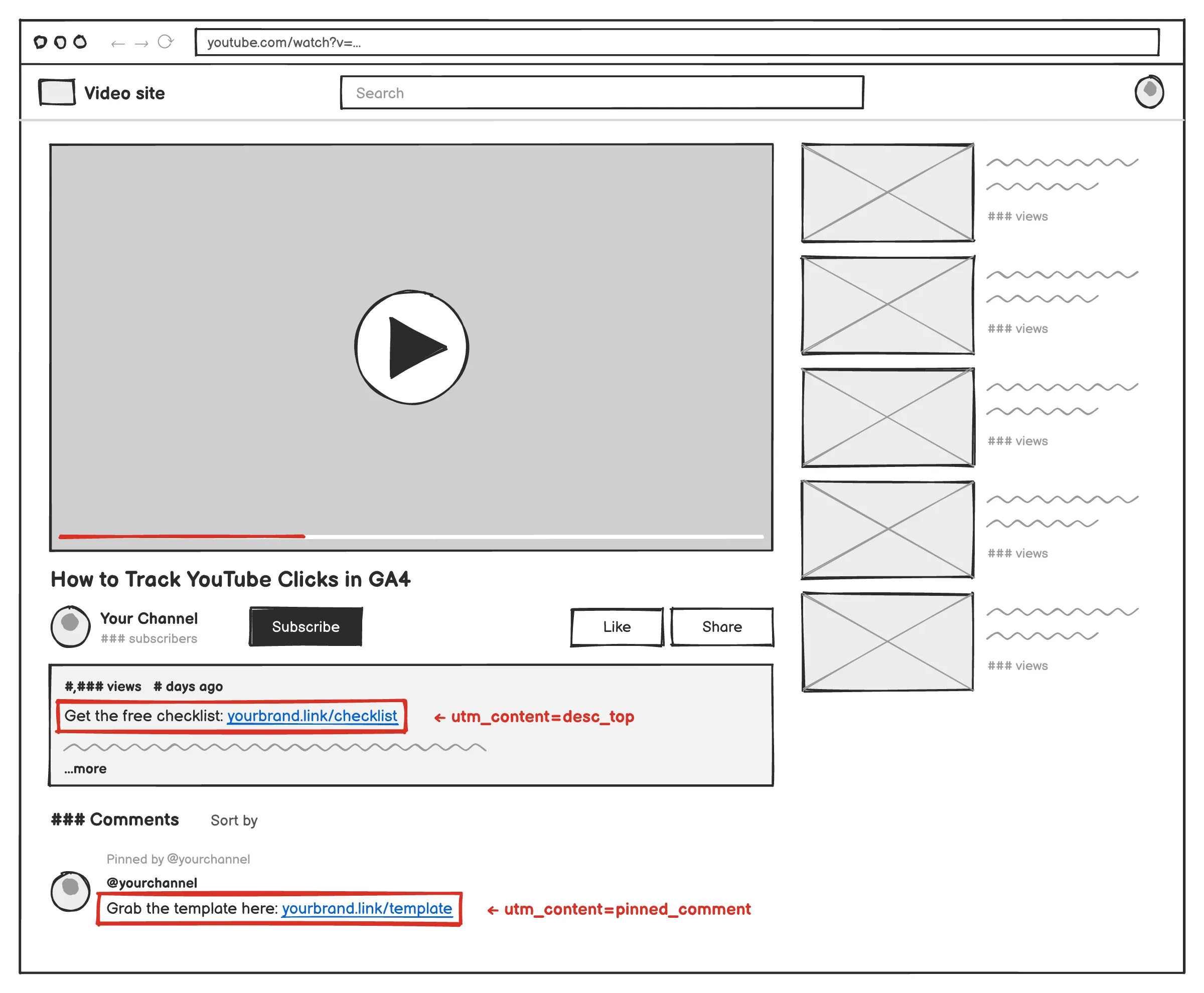 YouTube watch page with links in the description and pinned comment