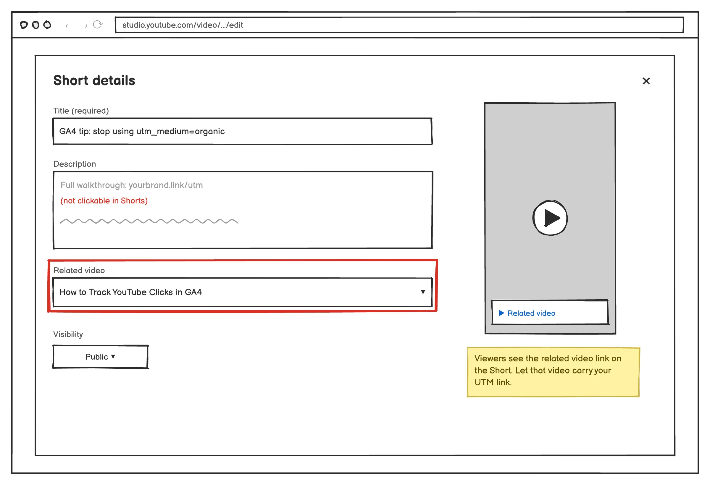 YouTube Shorts editor with the related video field
