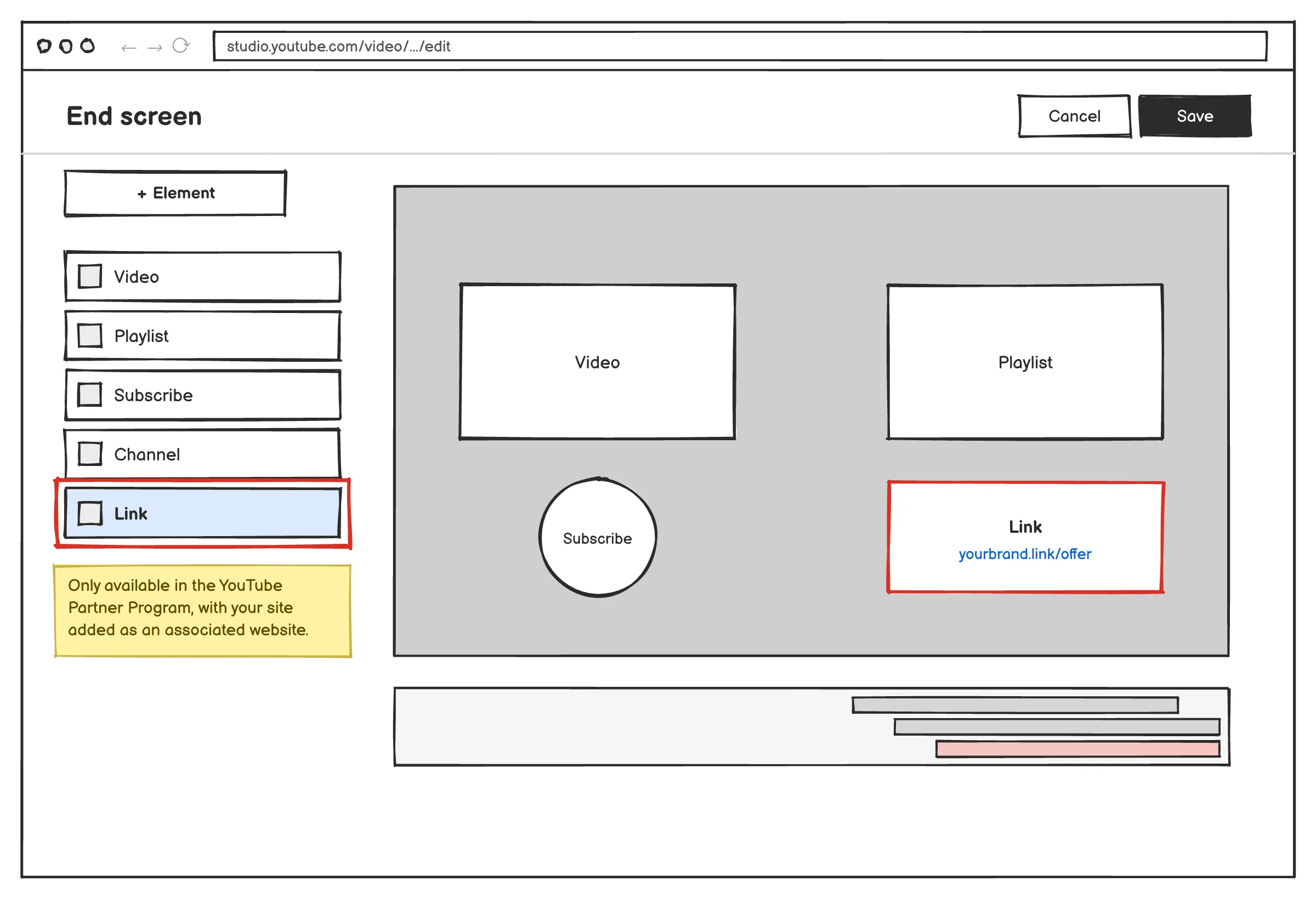 YouTube end screen editor with an external link element